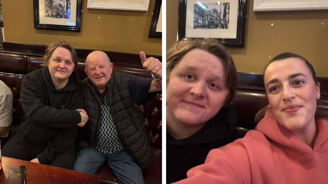 Lewis Capaldi posiert mit Besuchern des Pubs