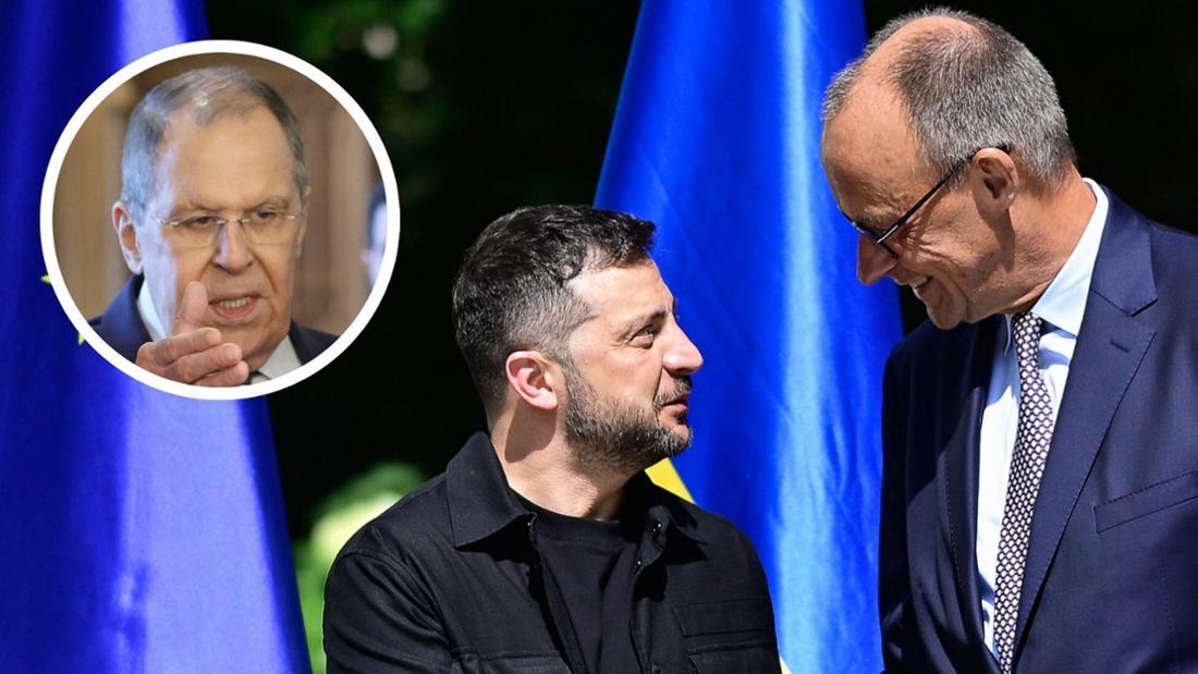 Sergeij Lawrow, Wolodymyr Selenskyj und Friedrich Merz in einer Bildmontage.