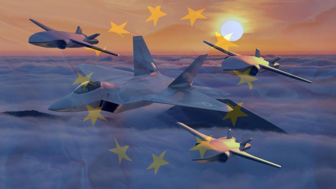Ein bemannter Kampfjet wird von Drohnen flankiert.
