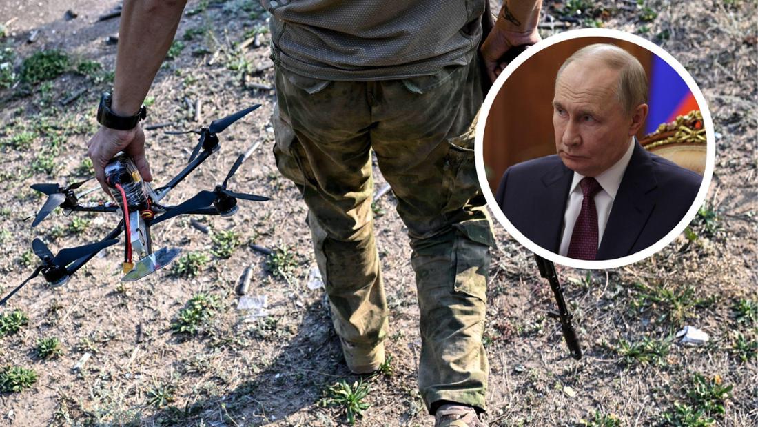Putin und ein Soldat mit einer Drohne. 