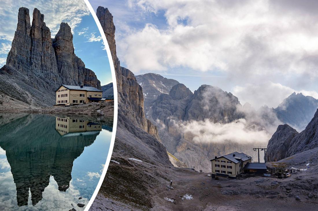 Gartlhütte unterhalb der Vajolet-Türme, Rosengarten, Dolomiten, Südtirol, Italien