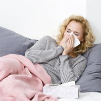 Eine Frau liegt mit Erkältungssymptomen im Bett: Auch Erwachsene können sich mit dem RS-Virus infizieren.