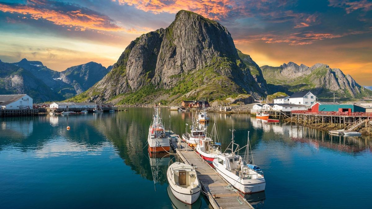 Norway , view of Lofoten Islands in Norway with sunset scenic
