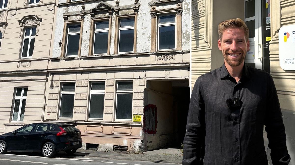 Die Bildmontage zeigt Kolja Pusch, Geschäftsführer des Wuppertaler Unternehmens F&P-Immobilien, vor den von Bayer abgekauften Immobilien an der Friedrich-Ebert-Straße.