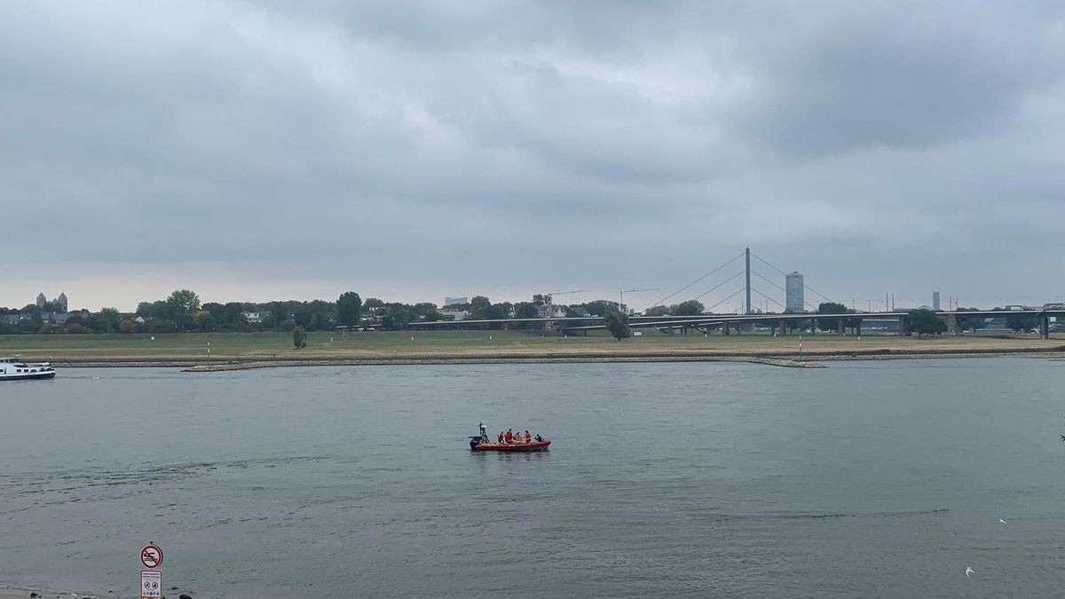 Der Düsseldorfer Paradiesstrand am Medienhafen: Am Samstag hat die DLRG Kontrollfahrten auf dem Rhein gemacht. 
