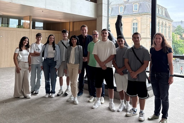 Die Laufenburger Delegation im Landtag...nd Landtagsabgeordnetem Niklas Nüssle.  | Foto: Hans-Thoma-Schule Laufenburg