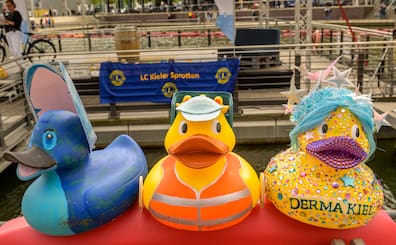 Bei den Sponsorenenten kam die Ente vom Studio Filmtheater (von links) als Erste ins Ziel  Ihr folgten die Enten von Küstenrad und Derma Kiel. Letztere Ente wurde auch zur Schönheitskönigin in diesem Jahr gekürt.