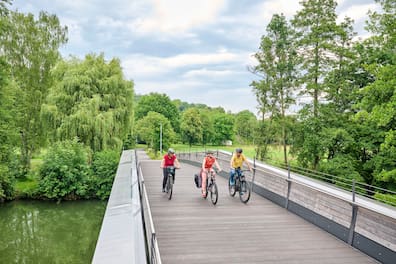 Radfahrer auf einer Brücke auf dem Radweg „Liebliches Taubertal“.