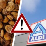 Collage: Links getrocknete Feigen, rechts das Logo von Aldi Nord an einer Filiale.
