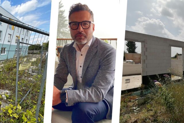 Bildkombo: links die Baustelle an der Westerfilder Straße, rechts Mauern auf dem Bauplatz an der Bockenfelder Straße, in der Mitte Oğuz Kuşdil.