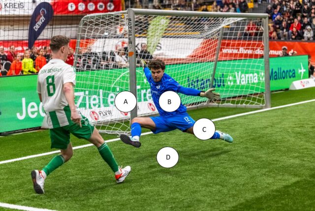 Ein Torwart hält einen Ball.