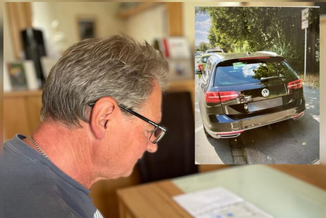 Collage: Ein Mann in Dortmund sitzt an einem Schreibtisch, auf dem eingeklinkten Foto ist ein Auto zu sehen.