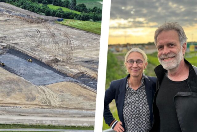 Bildkombo: Drohnenbild von der Baustelle Im Dicken Dören links, Stefanie Hugot und Heinz Aarsen rechts.