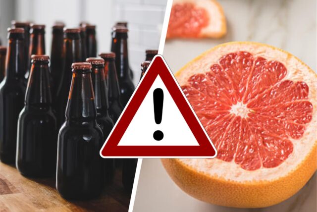 Bierflaschen stehen auf einem Tisch, daneben eine aufgeschnittene Grapefruit, in der Mitte ein Warndreieck mit Ausrufezeichen.