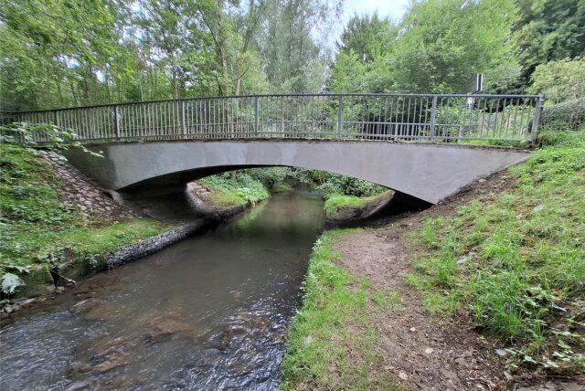 Die Emscher fließt unter der kleinen grauen Fußgängerbrücke durch.