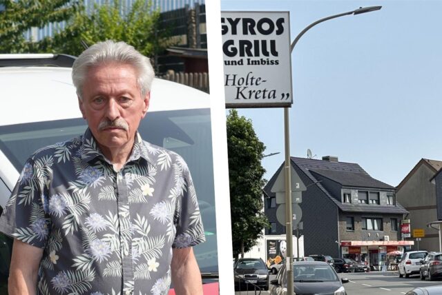 Bildkombo: links Anwohner Robert Backhaus, rechts der Harpener Hellweg mit dem Schild des Gyros Grills Holte Kreta im Vordergrund und dem Getränkemarkt Öz im Hintergrund.