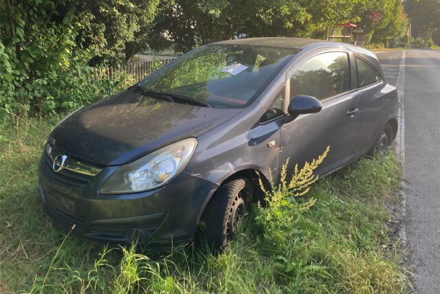 Ein graues Auto ohne Kennzeichen steht in Herten-Langenbochum auf einem Grünstreifen.