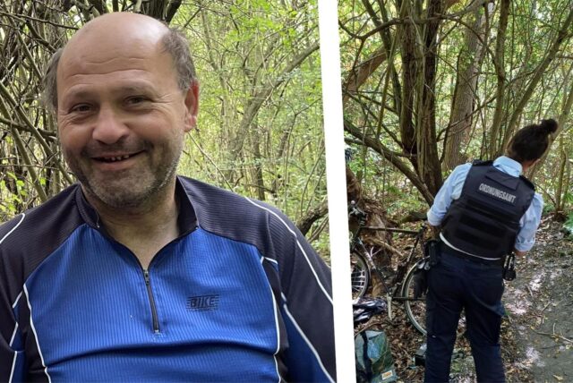 Collage: Links Waldmensch Thomas in Dortmund-Huckarde, rechts ein Mitarbeiterin des Ordnungsamtes Dortmunds in einem vermüllten Waldstück.