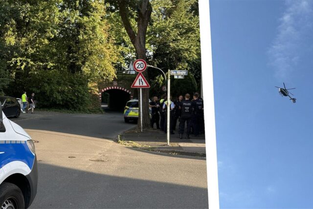Collage: links Polizeiautos und Beamte in Dortmund-Marten, rechts ein Helikopter am Himmel.
