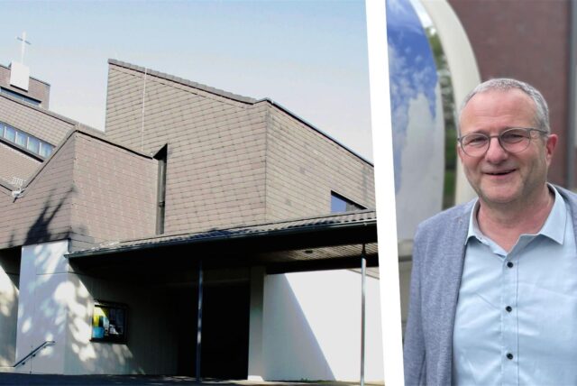Collage: links die katholische Kirche in Oespel, rechts Pfarrer Guido Hoernchen