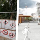 Bildkombo: links Warnschilder am Zaun der Baustelle an der Lindberghstraße, rechts Visualisierung des künftigen Haupteingangs zum Industriedenkmal Kokerei Hansa.