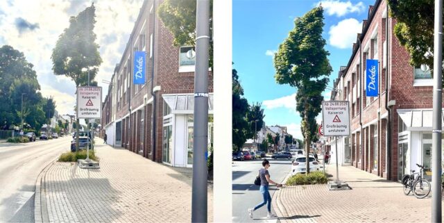 Zwei Bilder von der Hertener Straße in Recklinghausen: Ein Hinweisschild auf die Sperrung an der Kaiserstraße in Herten verdeckt ein Tempo-30-Schild, mal mehr, mal weniger.