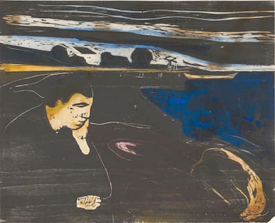 Edvard Munch: Abend. Melancholie I (1896, Farbholzschnitt, Museum der bildenden Künste Leipzig).