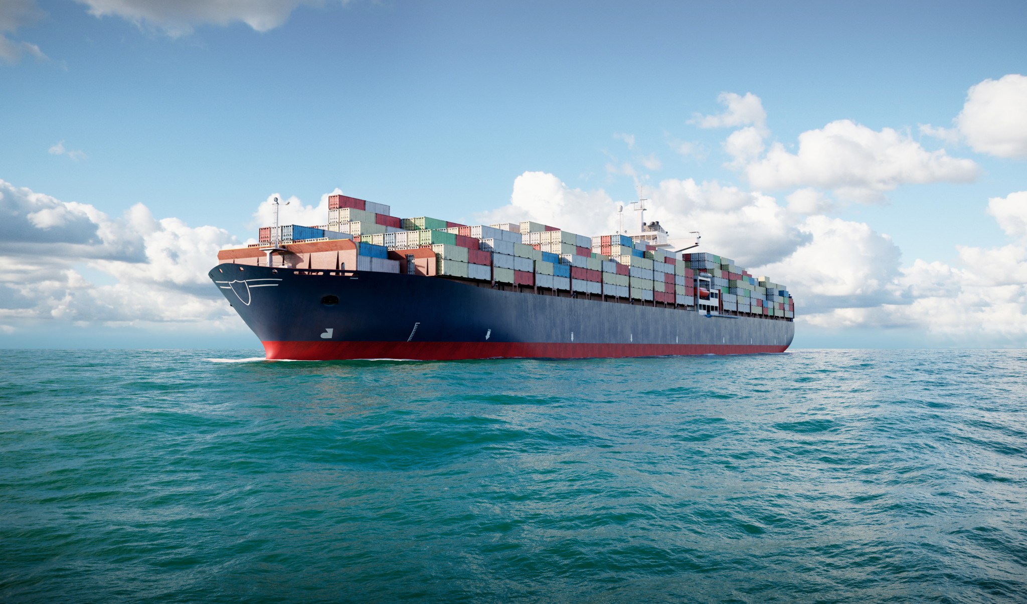 3D-Cargo-Containerschiff segelt beladen mit Containern im Ozean.