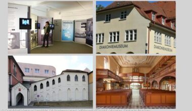 Vier Bilder: Eine Ausstellung, zwei Gebäude von außen, eine Kirche von innen