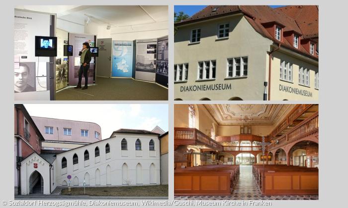 Vier Bilder: Eine Ausstellung, zwei Gebäude von außen, eine Kirche von innen