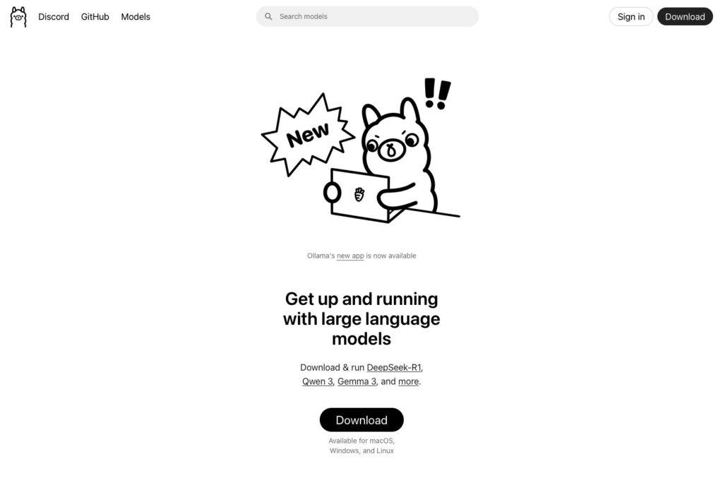 KI-Chatbot lokal nutzen: Ollama App für Datenschutz und Sicherheit (Screenshot im August 2025 von ollama.com)