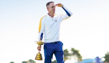 Luke Donald, Captain of Team Europe holds the Ryder Cup Trophy