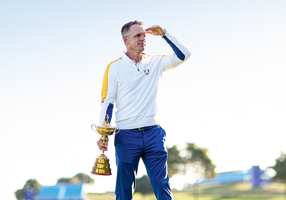 Luke Donald, Captain of Team Europe holds the Ryder Cup Trophy