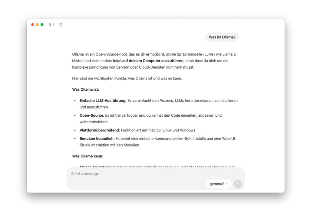 Die Oberfläche des Ollama-Chatbots ist sehr gut gestaltet. Nichts lenkt ab (Screenshot: Internet für Architekten)