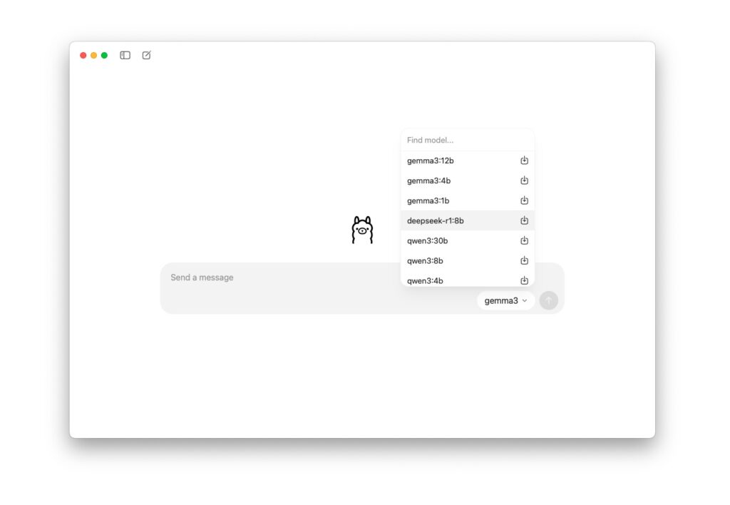 Per Klick können direkt im Eingabefenster weitere Open Source-Sprachmodelle (LLMs) ausgewählt und heruntergeladen werden (Screenshot: Internet für Architekten)