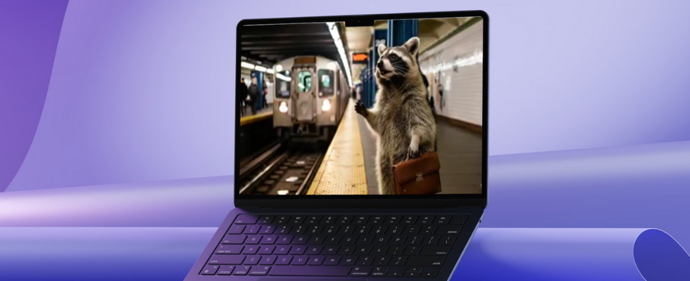 Laptop mit Bild von Waschbär samt Aktentasche vor U-Bahn, violetter Farbverlauf dahinter