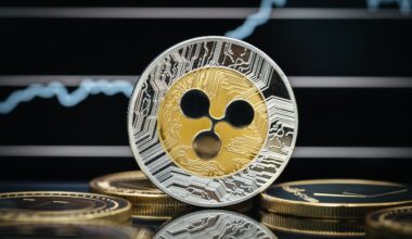 Eine Nahaufnahme eines Ripple-Coins (XRP), der aufrecht zwischen anderen Münzen steht, mit einem verschwommenen Graphen im Hintergrund, der auf eine XRP-Prognose und das Potenzial, 5 US-Dollar zu erreichen, hinweist.