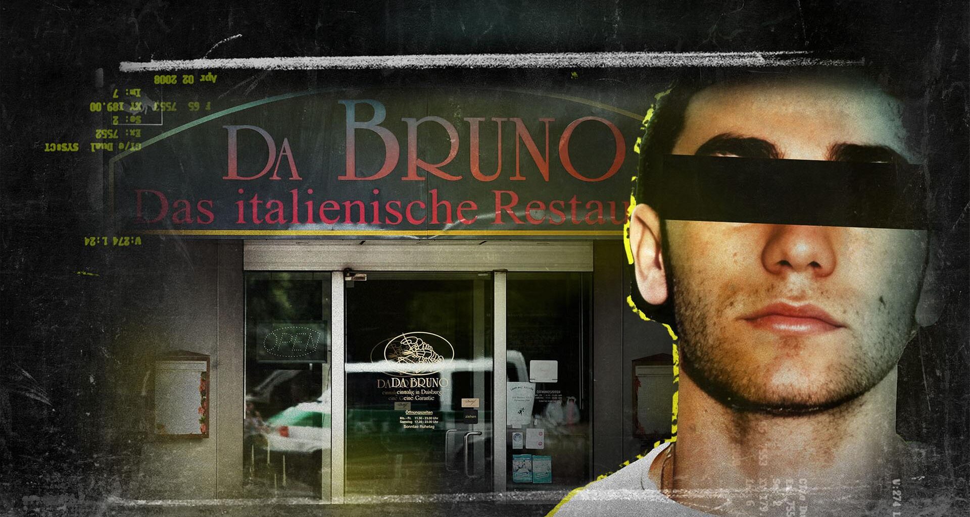 Montage eines Portraitfotos von Giovanni Strangio mit geschwärzter Augenpartie vor einem Foto des Restaurants "Da Bruno".