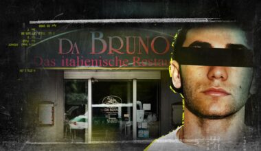 Montage eines Portraitfotos von Giovanni Strangio mit geschwärzter Augenpartie vor einem Foto des Restaurants "Da Bruno".