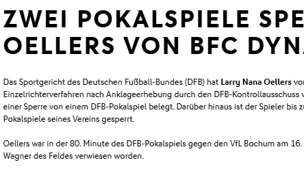 So vermeldet der DFB die Pokalsperre für Larry Oellers.