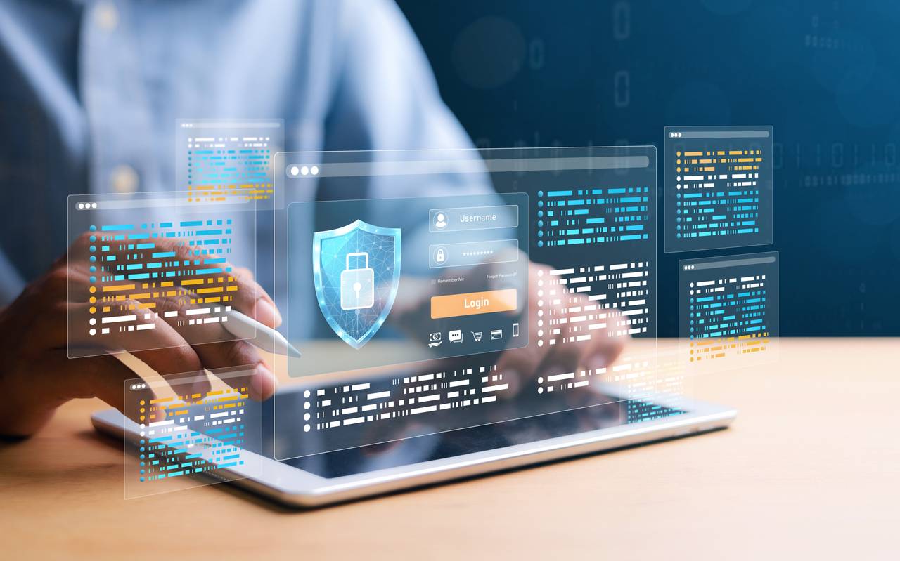 Symbolische Darstellung von Cyber-Sicherheit, Login, Benutzer, Verschlüsselung und sicherem Zugriff auf persönliche Daten.