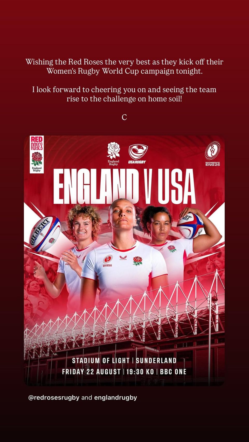 Kate meldete sich am Freitagabend auf Instagram zu Wort, um die englische Mannschaft anzufeuern.