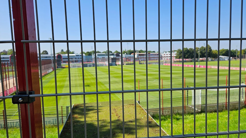 Durch einen Zaun blickt man von einer Anhöhe in Harlaching hinab auf den Trainingsplatz des FC Bayern. Aber manchmal ist da nicht viel zu sehen.