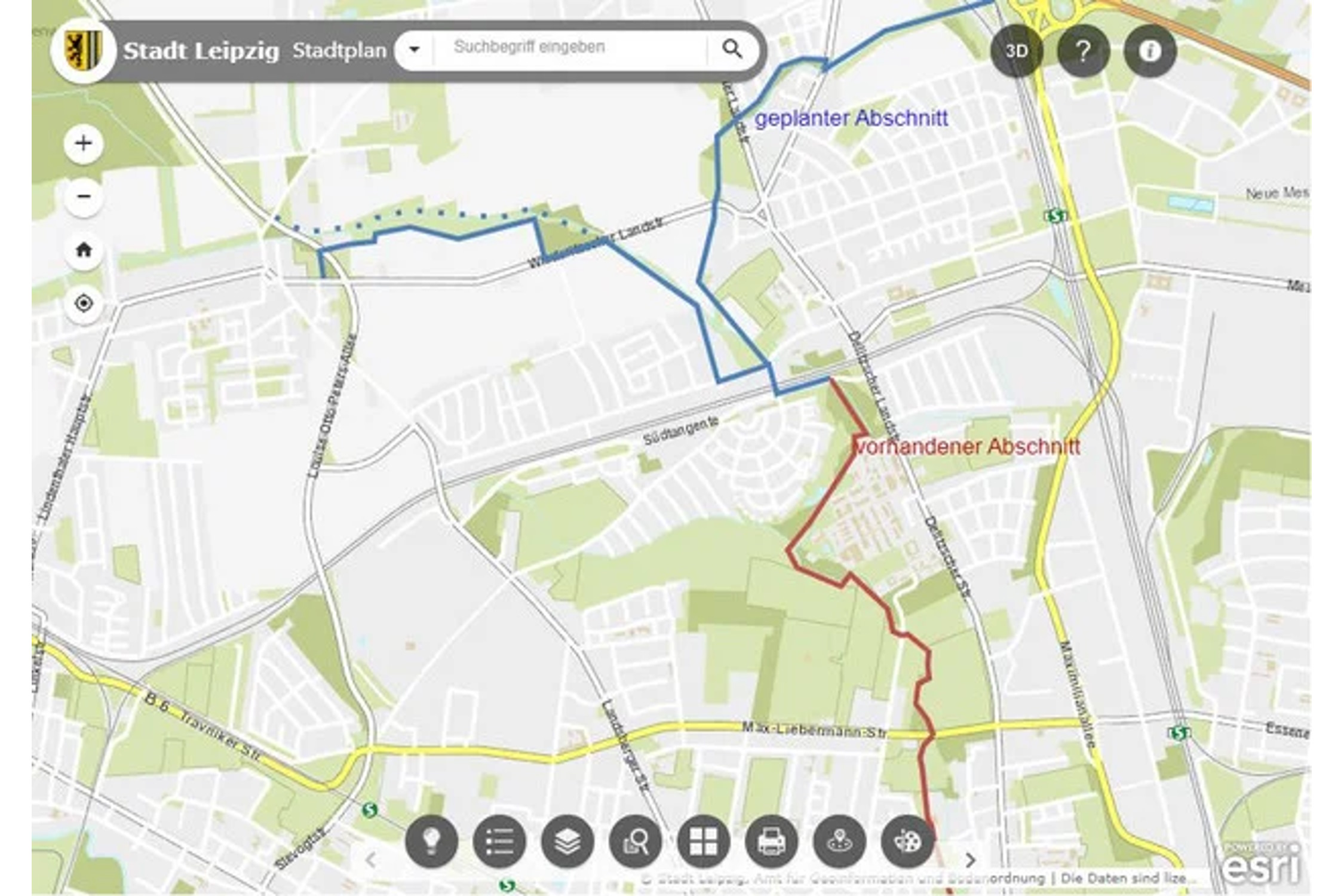 Der bestehende Rietzschke-Wanderweg und seine mögliche Fortsetzung nach Norden. Karte: Stadt Leipzig, Zeichnung: Artmann