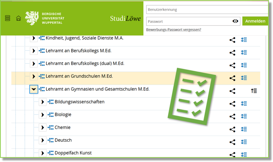 Stundenplanerstellung in StudiLöwe, Prüfungsordnungen, Studienplanung