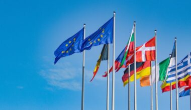 Flaggen EU Länder Wind Himmel Deutschland Dänemark Italien Griechenland