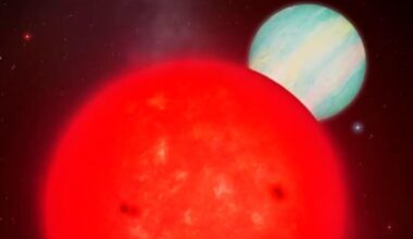 Künstlerische Darstellung des Riesenplaneten (weiß), der im Löwen einen Roten Zwergstern umkreist.