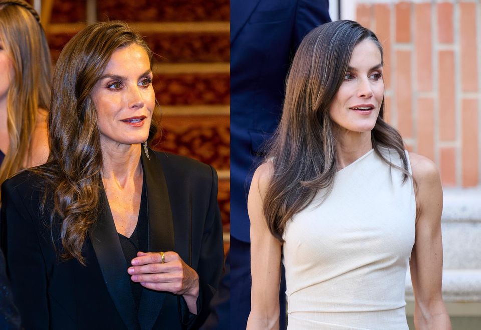Königin Letizia ebenfalls mit Locken am 23. Juli 2025 bei der Verleihung der Preise der Stiftung Prinzessin von Girona 2025 in Barcelona links. Rechts sieht man sie mit ihrer zuvor gewohnten Frisur. 