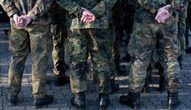 Mehrere Soldaten der Bundeswehr in Uniform von hinten mit den Händen auf dem Rücken