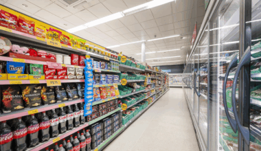Supermarkt-Gang mit Regalen voller Snacks und Getränken.